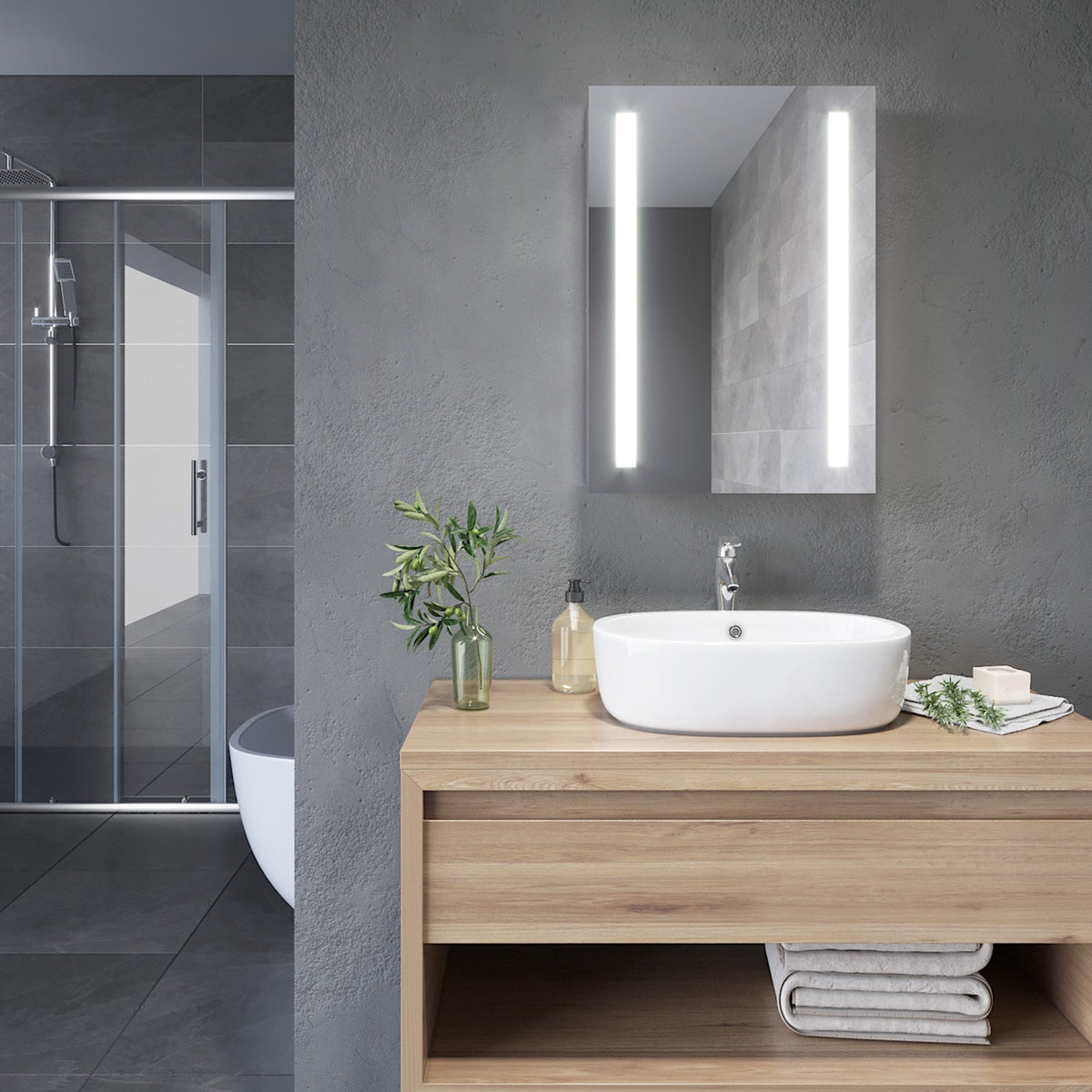 Badezimmer LED Spiegelschrank mit zwei LED-Lichtstreifen Kippschalter 50 x 70 x 13cm